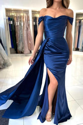 A-Line Stain Royal Blue Sweetheart Split Front Off-the-Shoulder Strapless Prom Evening Dresses with Ruffles
